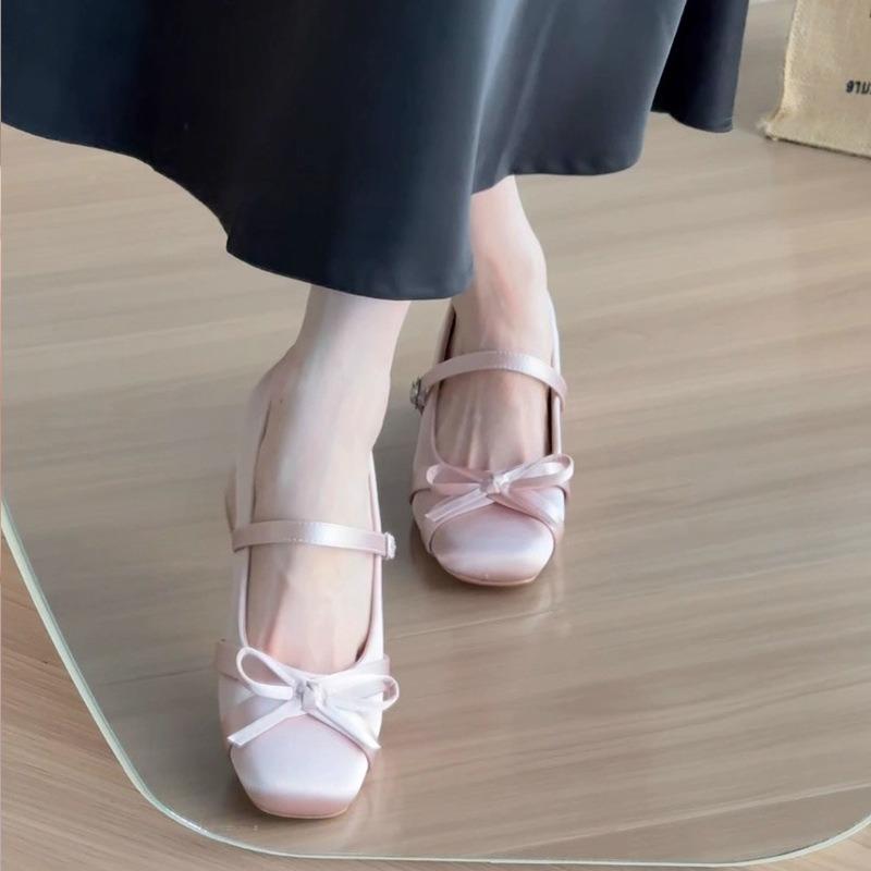 Inner height increase 7cm satin bow Mary Jane women's shoes high heel new thick heel single shoes ballet shoes
