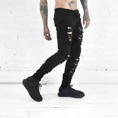 2024 Europeu e americano preto slim fit jeans masculino com buracos no joelho, calças elásticas casuais masculinas