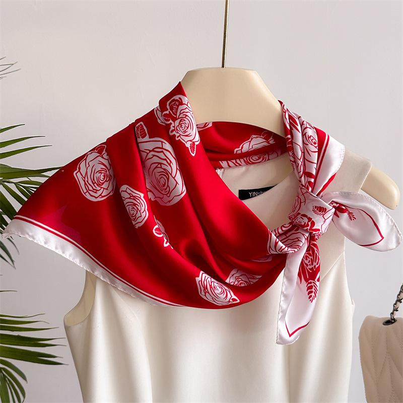 Temperament Rose 71 Small Square Scarf Simulation Silk Scarf Headscarf Women's Spring and Summer Scarf Printed Neck Protection Scarf Professional Scar