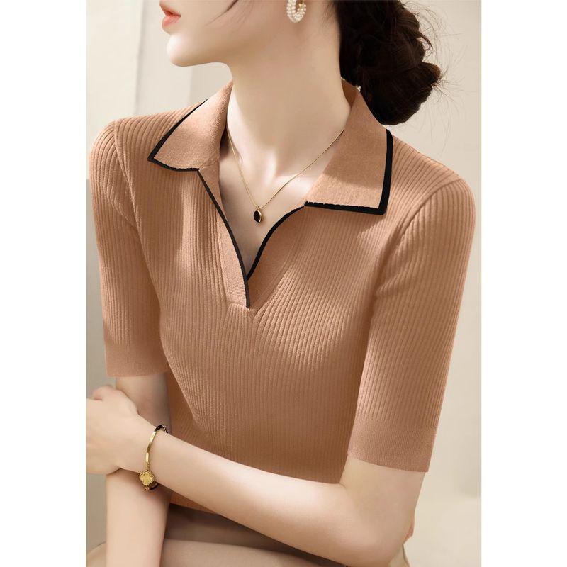 

Lyocell Tencel Sunken Stripe Silm Shoulder Tops Summer Thin Half Open Flip V-neck Short Sleeve Ice Silk Sweater Women Khaki ~ color matching 3XL