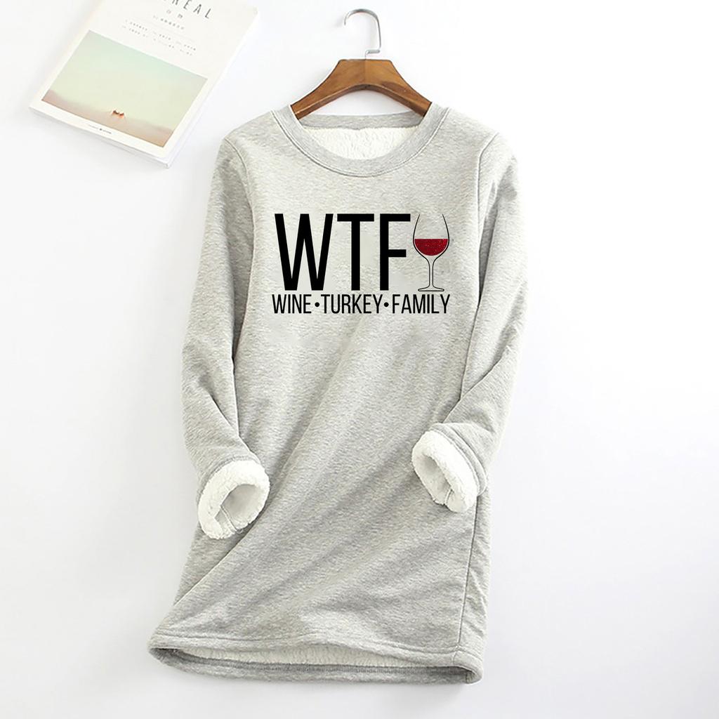 Ladies Thickened Wine Turkey Family Thanksgiving Funny Family Fleece Sweater  Warm O-Neck Underwear Top