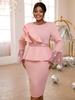 Pink Peplum Dresses O Neck Long Flare Sleeve High Waist Evening Birthday Party Midi Outfits for Ladies