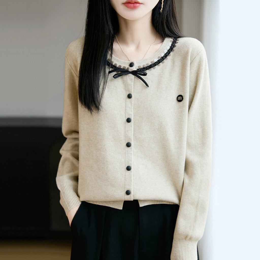 Womens Knit Cardigan With Sequins And Bow Decorations For Autumn Casual Wear