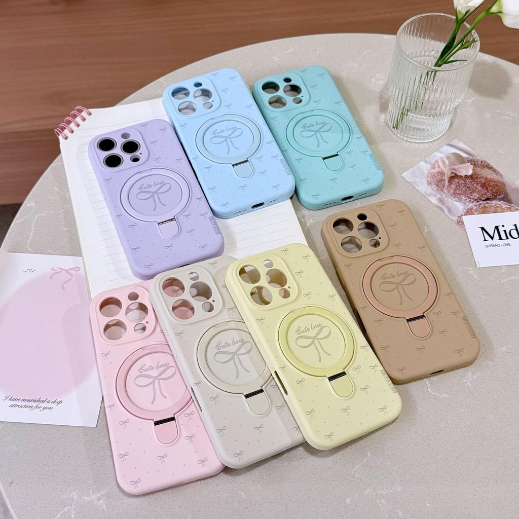 MagSafe Bowknot Silicone Phone Case with Ring Holder, Cute Macaron Color Kickstand Cover for iPhone