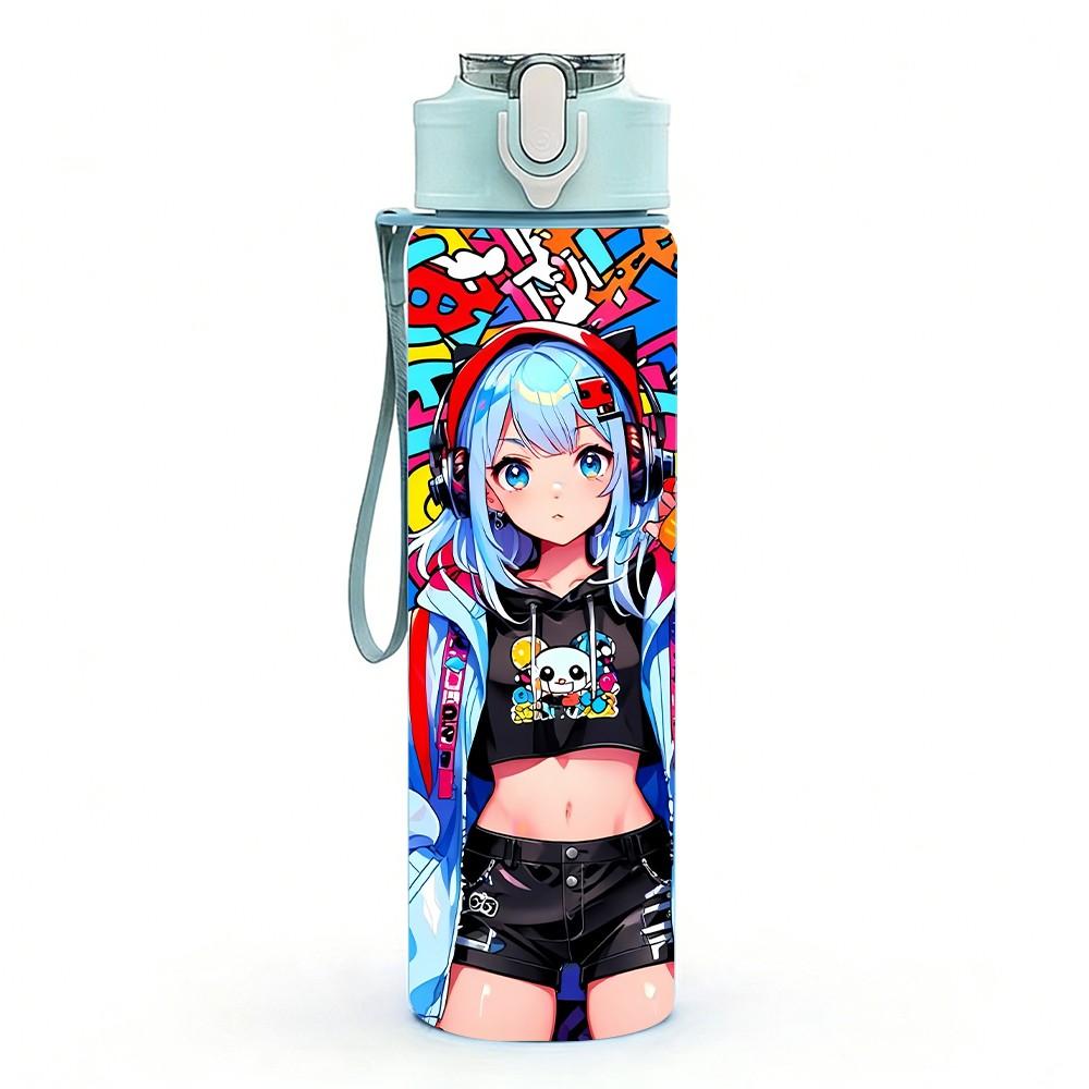 1PC Futuristic Cyber Girl Anime Character Art 750ml Color Plastic Sports Water Bottle Leakproof Flip Straw Lid Suitable for Sports Office Home Use