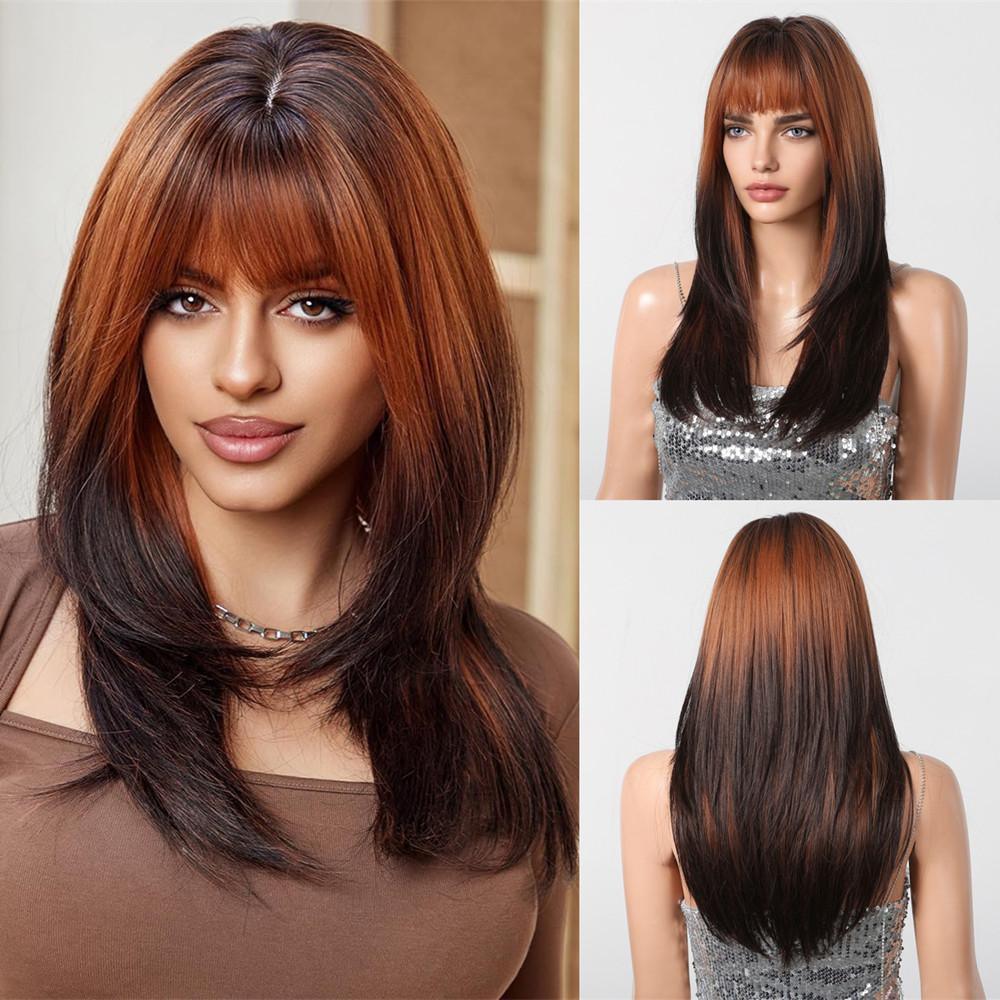 Ombré blond hnědé paruky na vlasy Dlouhá vrstvená rovná paruka s ofinou Přirozeně vypadající denní umělé vlasy Měkká tepelně odolná paruka