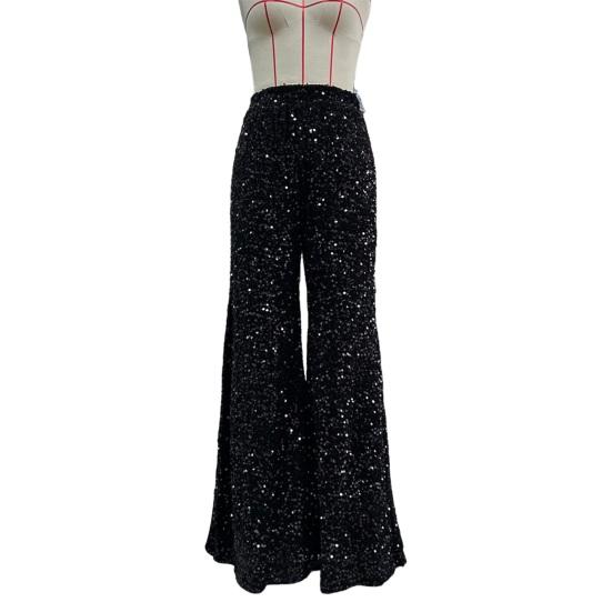 Yousheng Damenhose, elastischer, hochgeschnittener, weiter Bein-Hosen-Schnitt, glitzerndes Pailletten-Design, Freizeithose für Partys, Urlaub, Streetwear