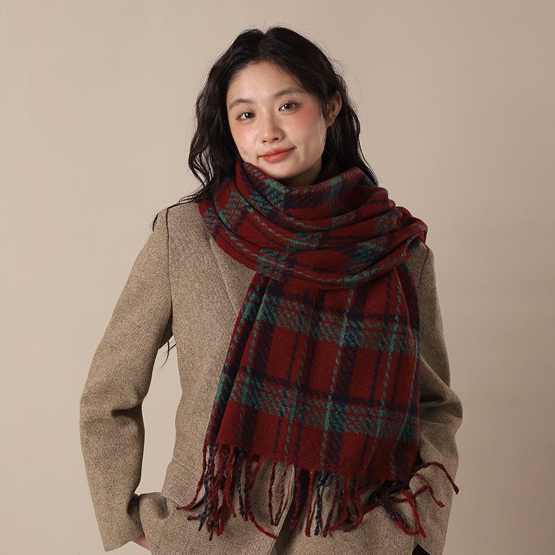 

Шерстяной шарф Новый клетчатый шарф Женский зимний утолщенный теплый ретро универсальный высококачественный шаль-шарф Студенческий 200*65 бордовый