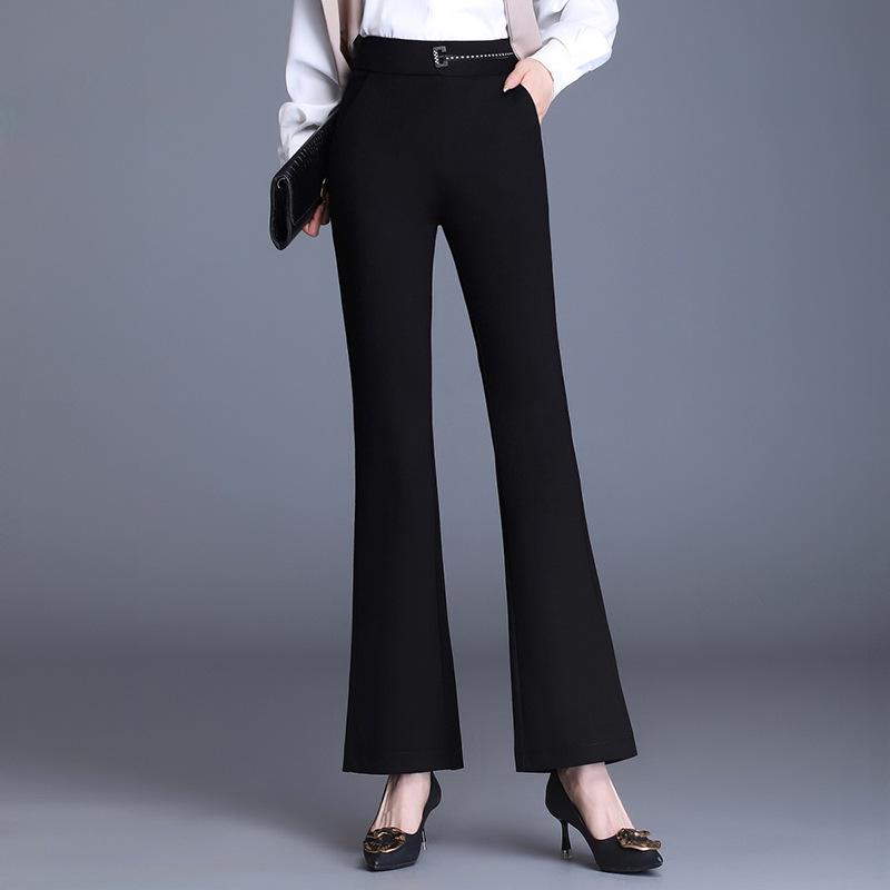 Women's Black Micro-Flare High-Waisted Elastic Pants, Slim Fit, Plus Size, Casual Spring/Autumn 2025.