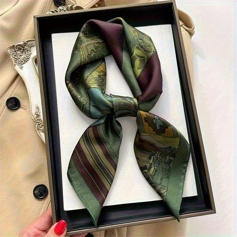 Spring Summer Retro Horse Print Neckerchief Green Square Scarf Women Breathable Imitation Silk Neckerchief