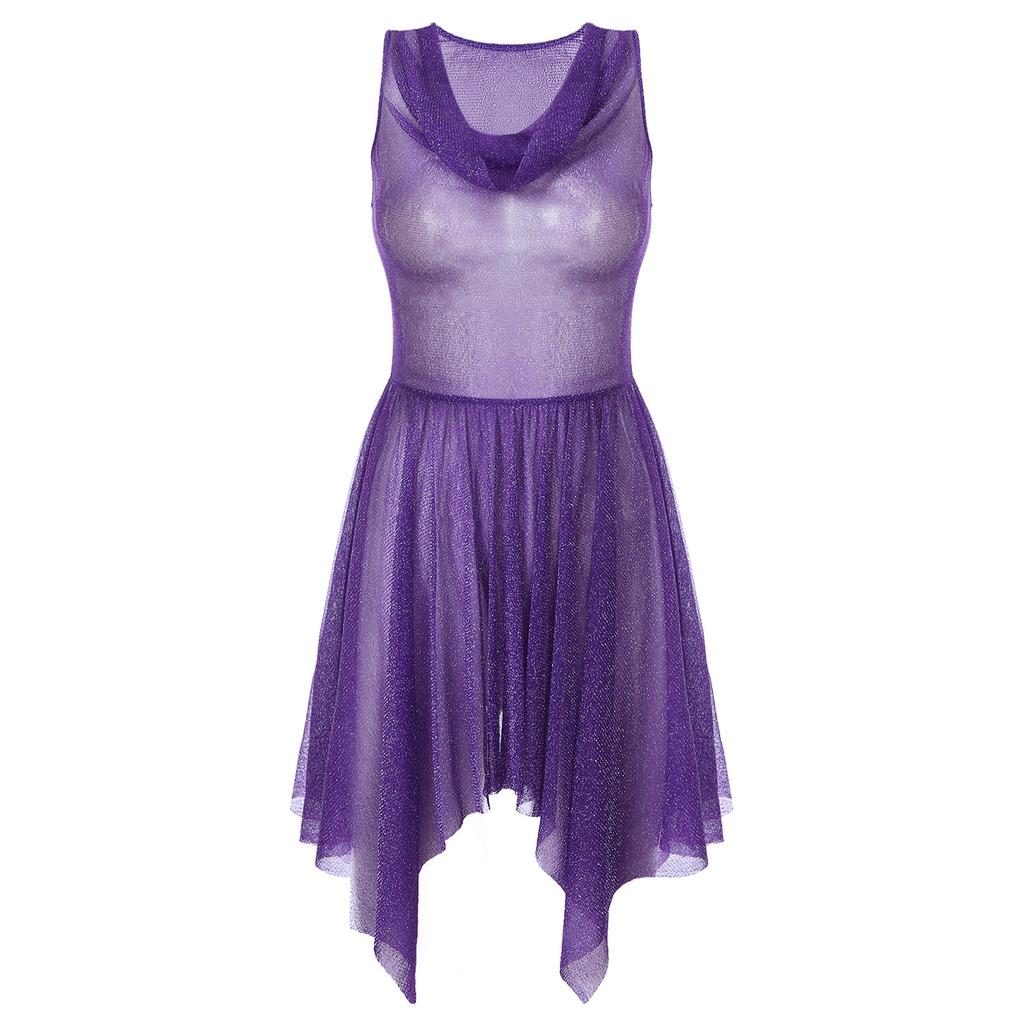 Women Glittery Draped Neck Sleeveless Dance Dress See Through Asymmetrical Hem Performance Gown