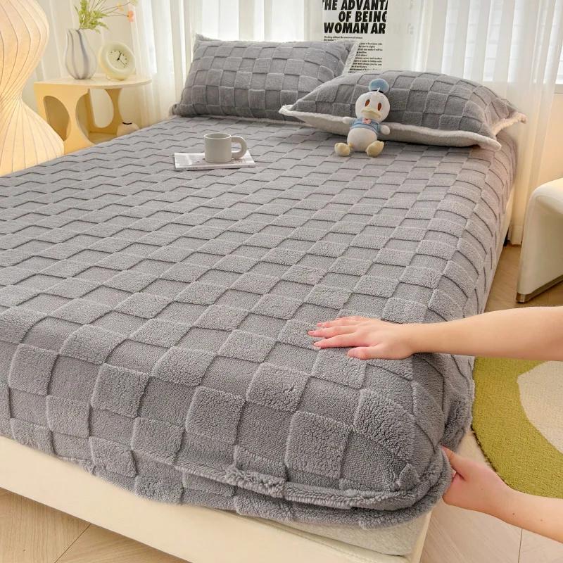 3PC(1XSheet+1XPillowcase)Winter Warm Fitted Bed Sheet Taff Velvet Fleece Bed Linen Single/Double/King/Queen Size Plush Mattress Cover Thick Bed Cover