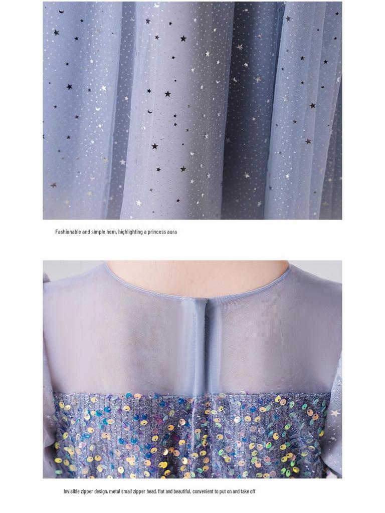Girls' Sequin Puff Sleeve Princess Dress - Long Mesh Flower Girl Wedding Summer Formal Attire