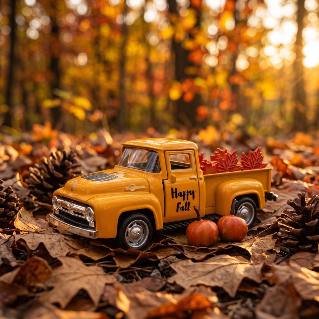 Halloween Diecast Truck Model with Pumpkins, Maple Leaves and - Vintage Car Decor for House Party