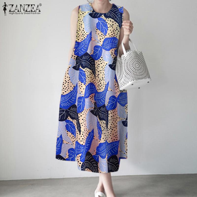 

ZANZEA Женское повседневное летнее платье без рукавов с круглым вырезом и принтом