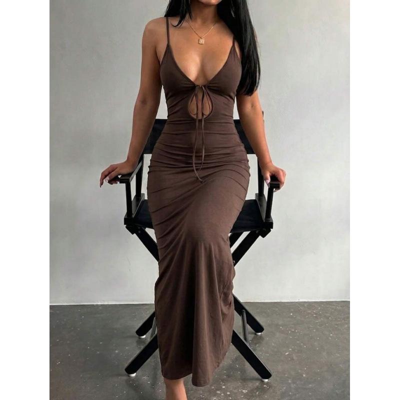 European summer sexy deep V-neck hollow lace-up slim off-the-shoulder sleeveless long dress women S коричневый