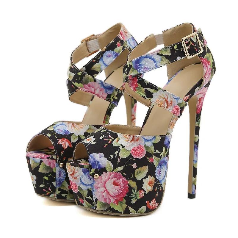 

Роскошная женская обувь Дизайнерская печать Открытый носок Женские сандалии Сексуальный ремешок с пряжкой Платформа для стриптиза Шпильки Вечерние туфли для выпускного 35