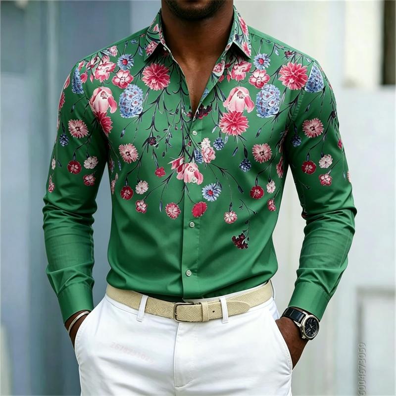 Camicia da uomo stile vacanza hawaiana camicia da uomo floreale a maniche lunghe alla moda design a stampa integrale cardigan top da viaggio all'aperto