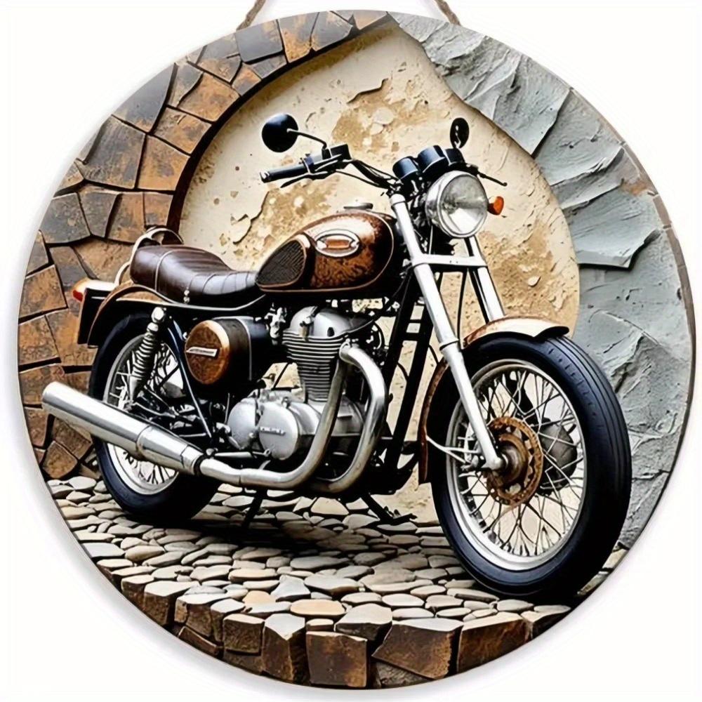 1pc 2d Flat Retro Motorcycle Circular Wooden Sign - 20cm, Suitable for Home Living Room, Bar, Caf É, Farmhouse Porch Decoration, Father's Day Gift