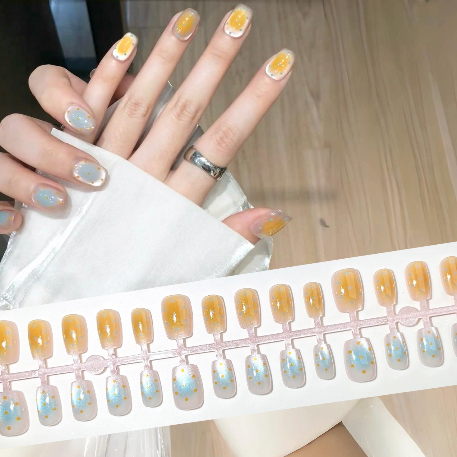 

Glass Bead Canelé Polka Dot Press-On Nails in Milk Tea, Candy Color, Yellow & Blue
