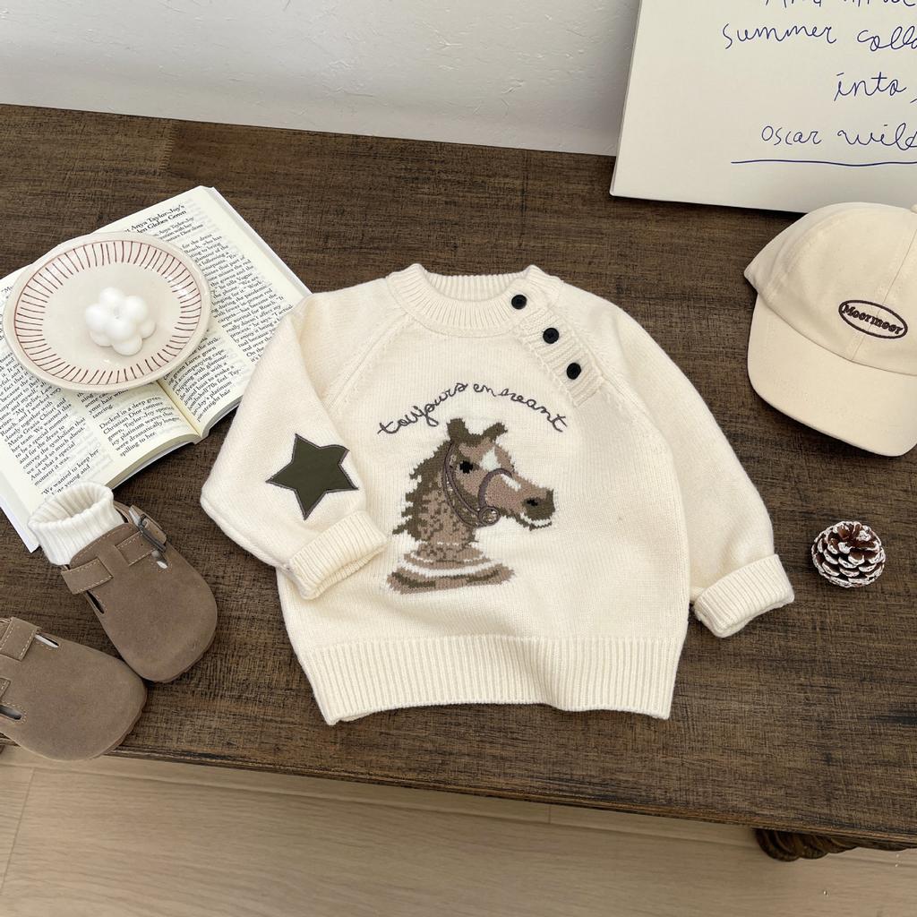 Girls Early Spring Suit Baby Clothes Cute Cartoon Knitted Sweater Horse Baby Fashion Wide Leg Pants