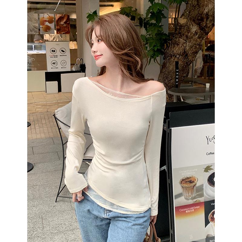 Sexy Lace Splicing Oblique Shoulder Long-sleeved T-shirt for Women In Spring Autumn Sexy Slimming Off-shoulder Top