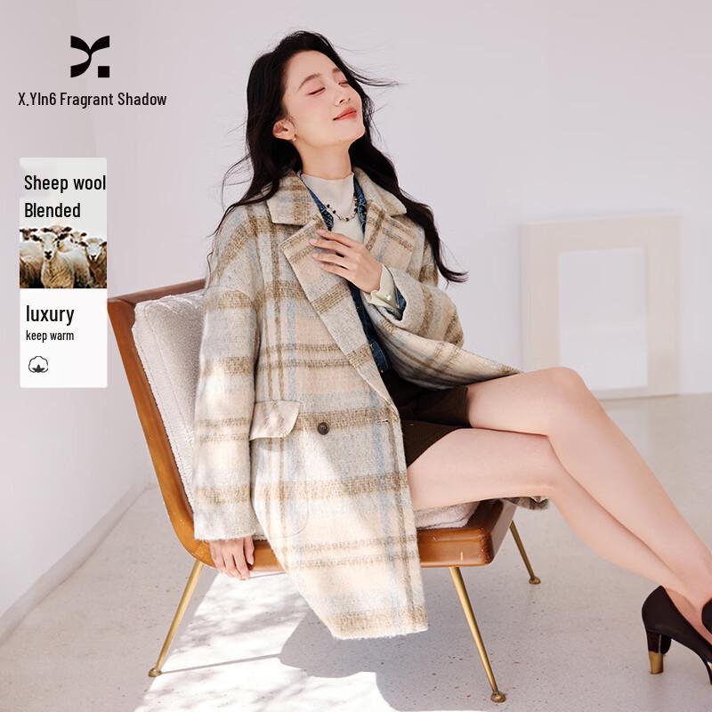 Women s Retro Plaid Wool Blend Mid-Length Coat XL