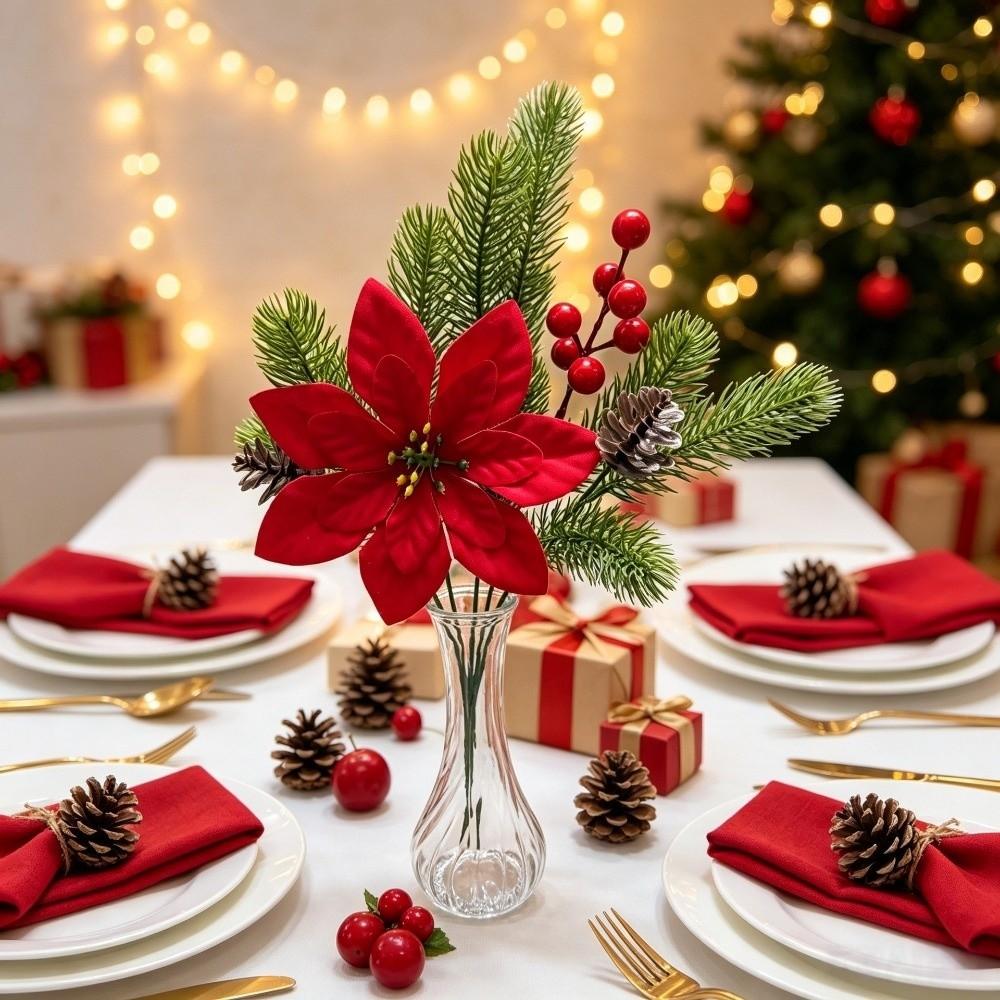Green Pine Leaves Christmas Pine Branches Red Berry Artificial Plant Home Decoration