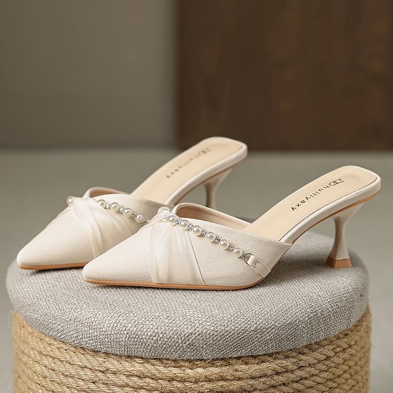 2025 New Super Fire Versatile Four Seasons Shoes Thin Heel Middle Heel Slippers Pointed Rhinestone Baotou Sandals 912-D86