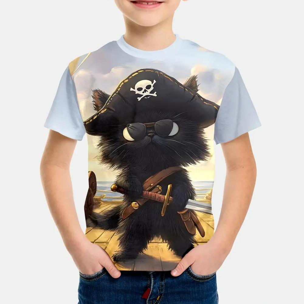 

Мужская летняя удобная повседневная футболка с круглым вырезом, короткими рукавами и милым крутым 3D-принтом с кошкой для детей 140