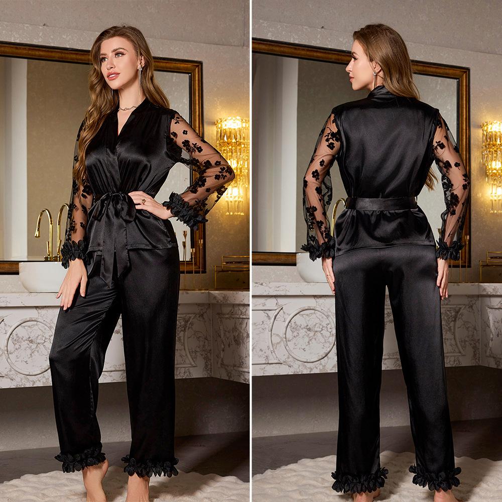 

Женский роскошный комплект пижамы из 2 предметов, домашняя одежда с кружевными рукавами, сексуальный кардиган, одежда для сна, весна-лето, шелковый атлас, ночная одежда, одежда для отдыха S