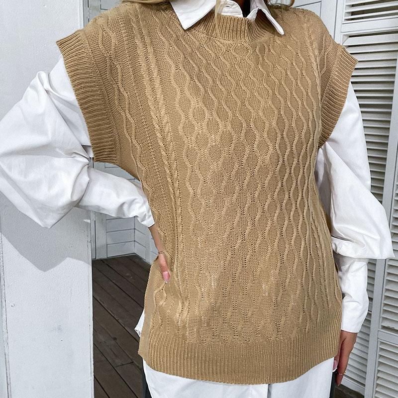 YYFS Moda Feminina Casual Cor Sólida Estampado Outono Inverno Sem Mangas Gola O Tricotado Coletes