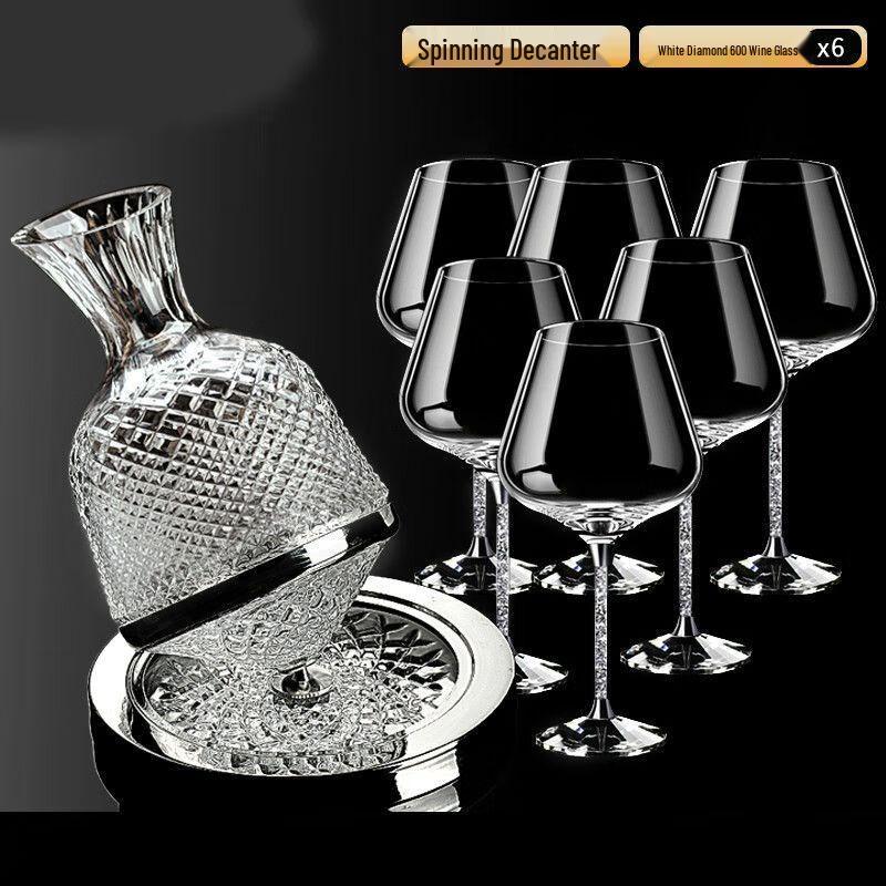 Luxury Gold Crystal Diamond Rotating Red Wine Glass Set with Decanter