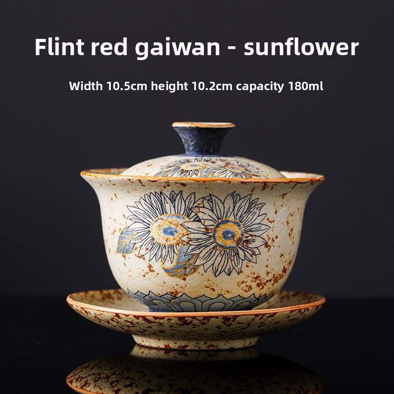 Blue and White Flint Red Lidded Tea Bowl, Ceramic Home/Office Tea Set, Personal Tea Drinking Gongfu Teaware with Hovering Lid.