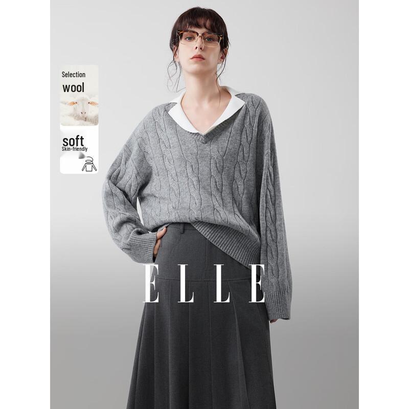 ELLE Women s Cable Knit Merino Wool V-Neck Sweater S