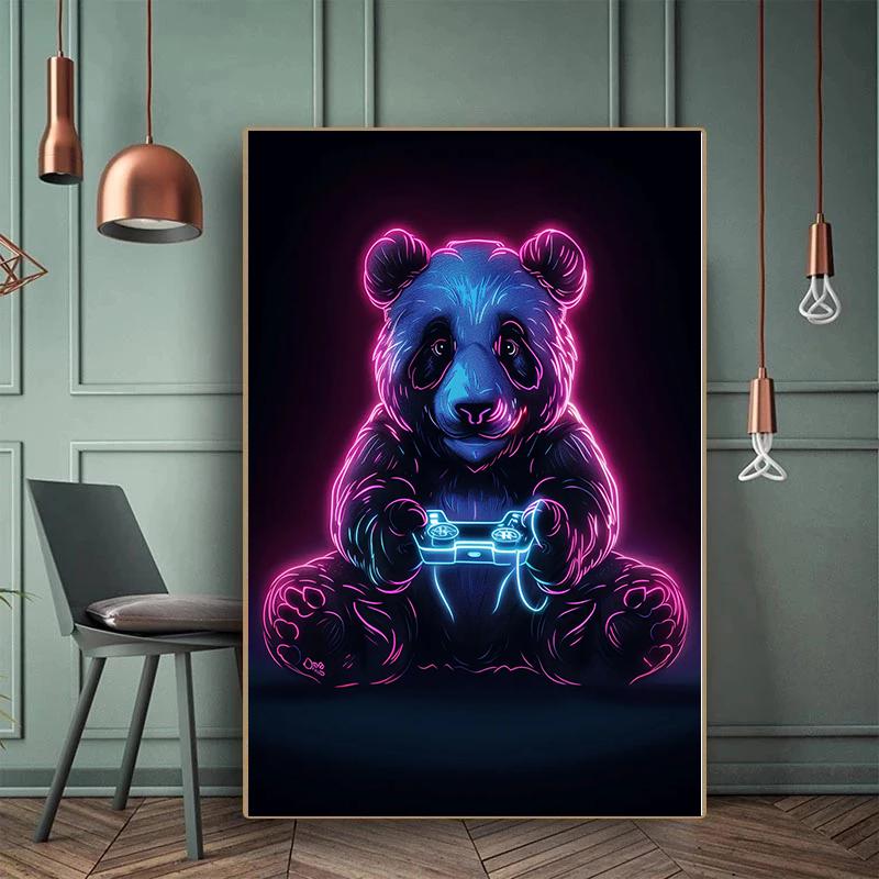 Interessantes Tier-Spieler-Poster Brillanter Neon-Effekt Panda Hund Gamer-Drucke Leinwand Wandbilder Heim Wohnzimmer Dekor