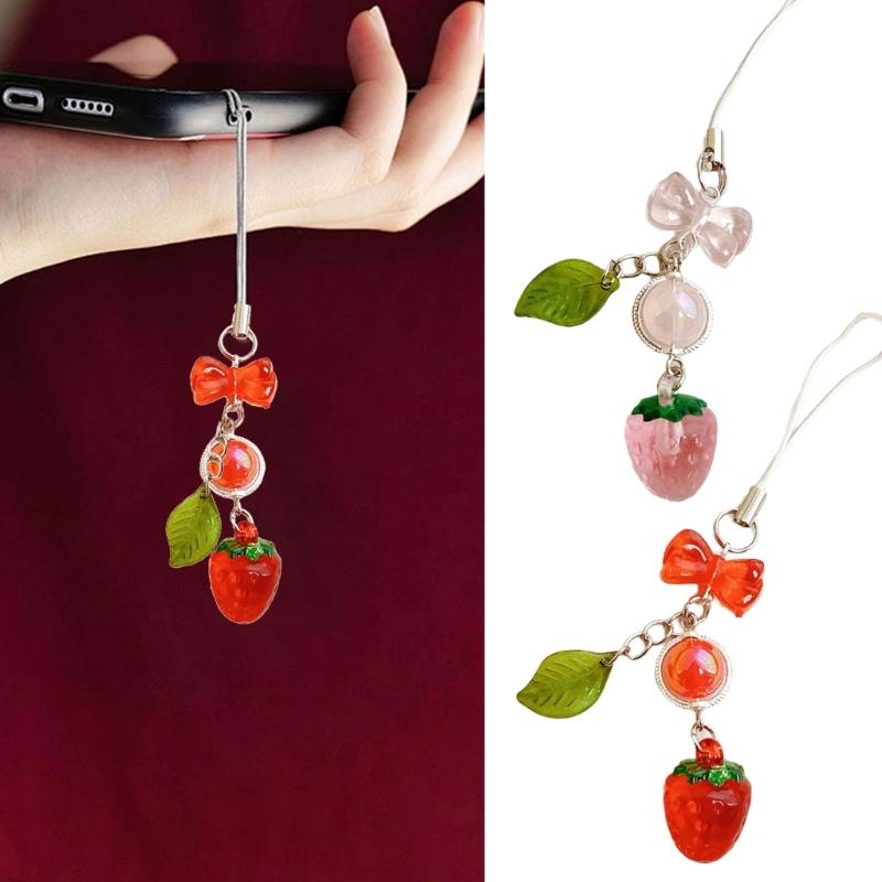 Stylish Acrylic Strawberry Green Leaf Phone Strap Mobile Hanging Decoration Charm for Decorative Fashion Use