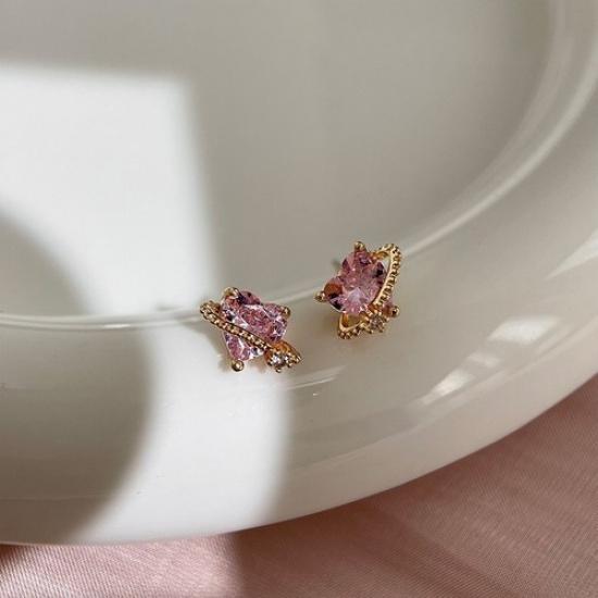 Pink Zircon Heart Bow Earrings for Women with Silver for Everyday Wear