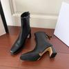 New black high-heeled thin boots women's thick-heeled elastic boots autumn and winter soft leather retro square head short boots