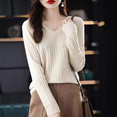 Knitwear Spring and Autumn Thin V-Neck Pullover Long Sleeve Undercoat Women's Sweater Simple and Elegant Versatile Top