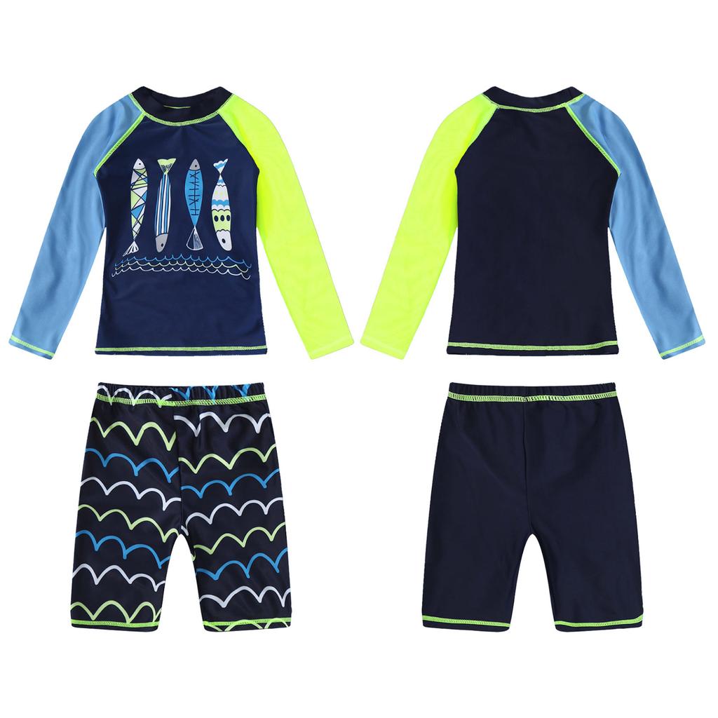 2Pcs Strand Schwimmen Bade Cartoon Shark Fisch Wellen Floral Print Bademode Lange Ärmel Tops Mit Shorts