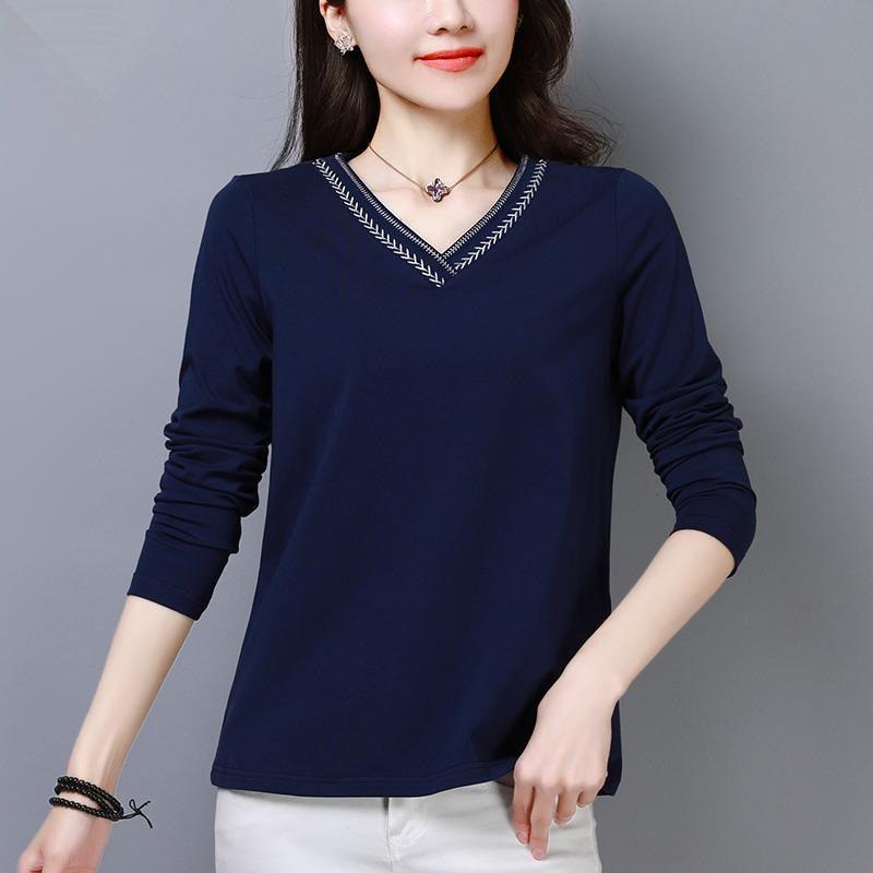 V-neck Long Sleeved T-shirt Women's Korean Version Loose Autumn and Winter Top Women's Versatile Solid Color Base Shirt Women