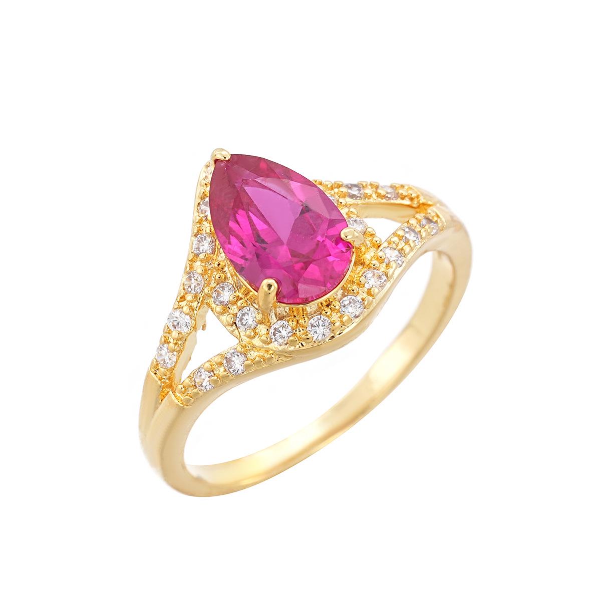 

Роскошное кольцо-капля с красным корундом и цирконом с золотым покрытием для женщин - Элегантный европейский и американский дизайн Size 10