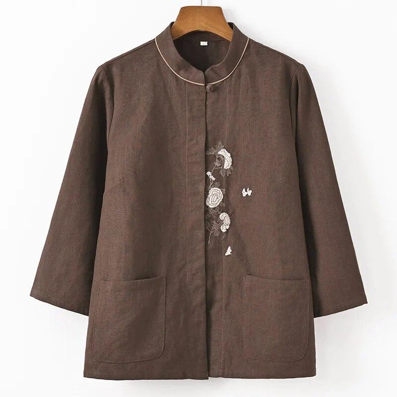 

Johnature женские рубашки с цветочной вышивкой, топы, однотонные весенние блузки с карманами и пуговицами, женские рубашки M кофейный