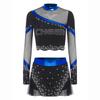 Womens Cheerleading Costume Set Long Sleeve Rhinestone Crop Top Matching Dance Skirt Performance Outfit