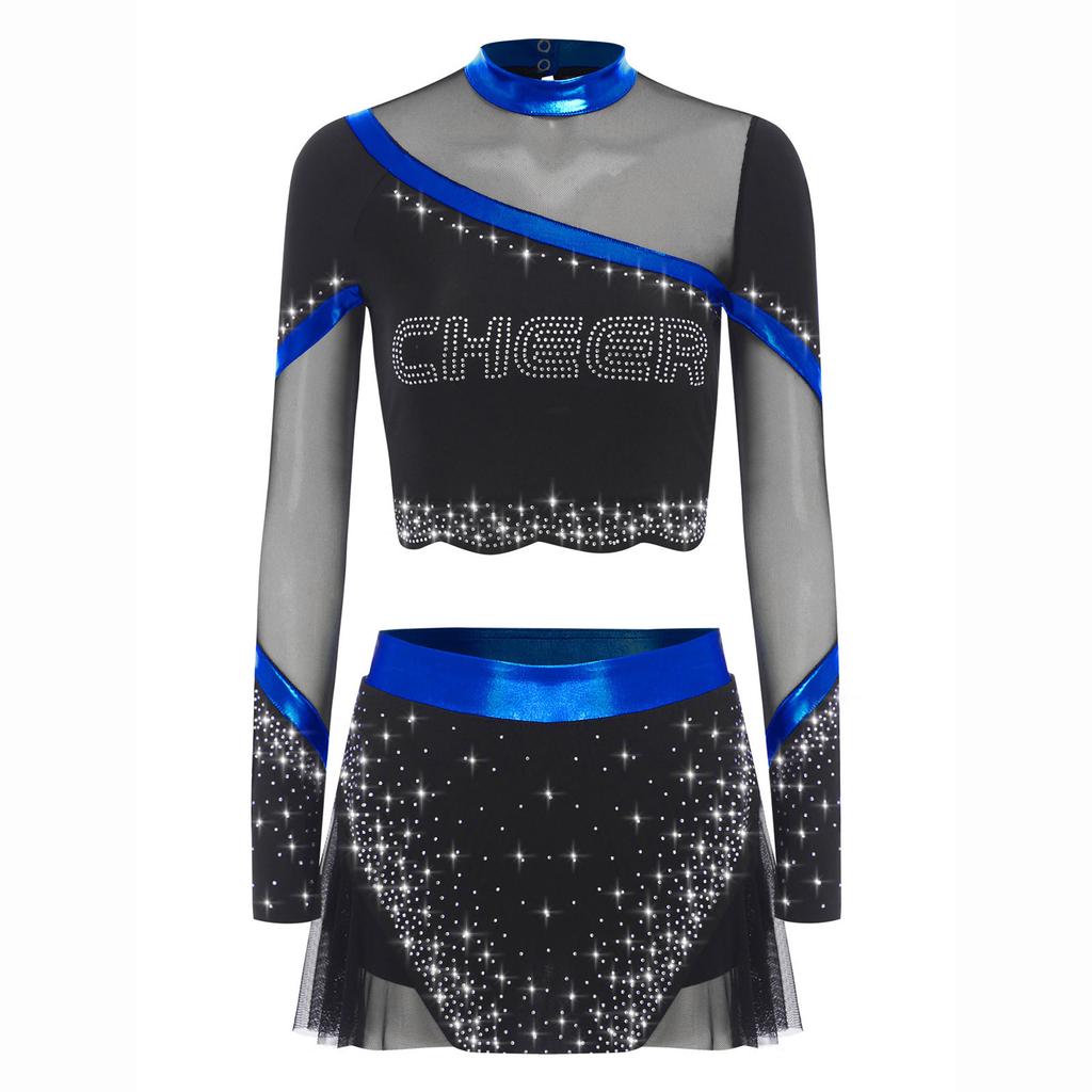 Womens Cheerleading Costume Set Long Sleeve Rhinestone Crop Top Matching Dance Skirt Performance Outfit