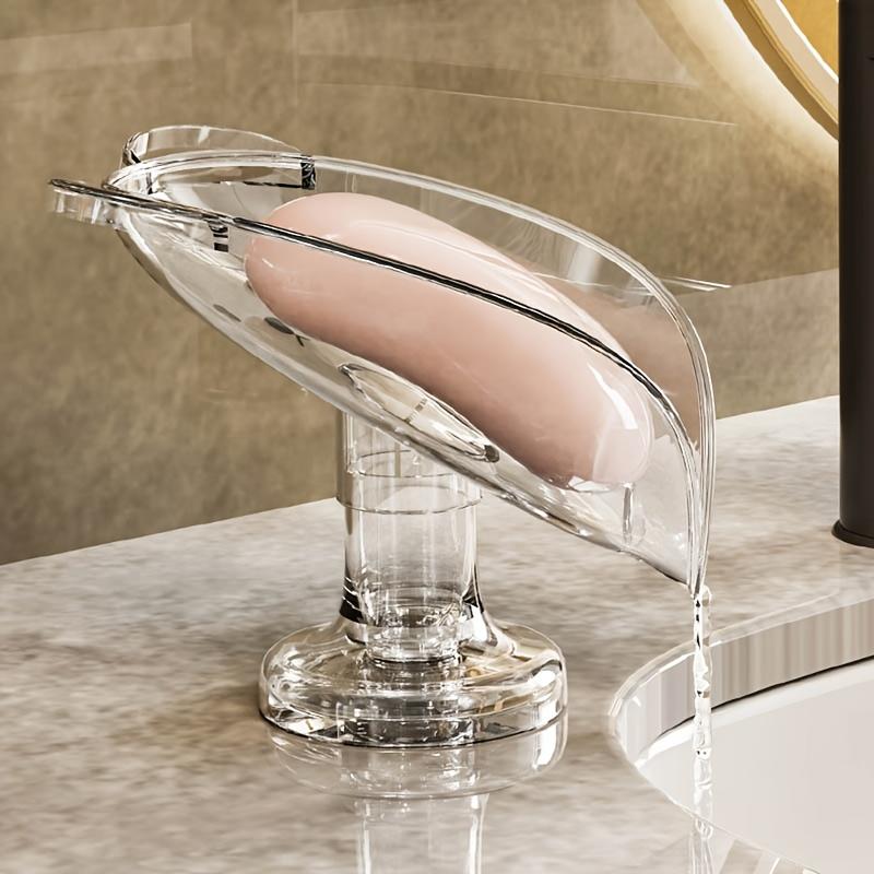 [Clear Plastic Soap Dish] Adhesive-Free Clear Plastic Oval Soap Dish with Suction Cup and Drainage Hole | Cartoon Bear Design,No-Drill Soap Holder