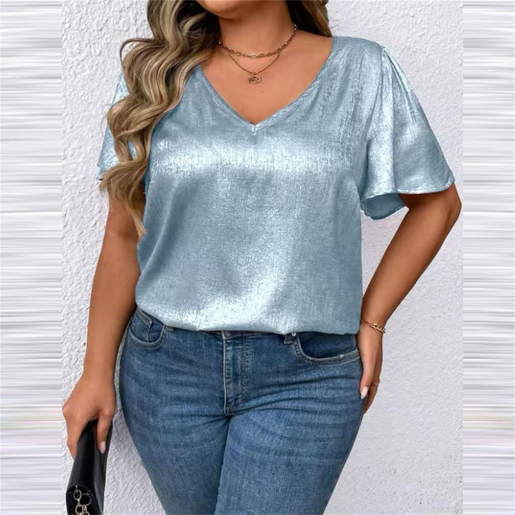 T Shirts For Women Pleated R-Neck Dressy Casual Blouses Printing Short Sleeve Summer Tops Loose Fit