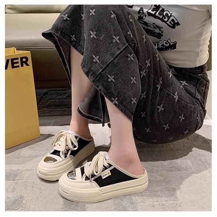 Internet celebrity thick-bottomed bag head half slippers outer wear summer women 2025 new mesh breathable casual small white cool slippers