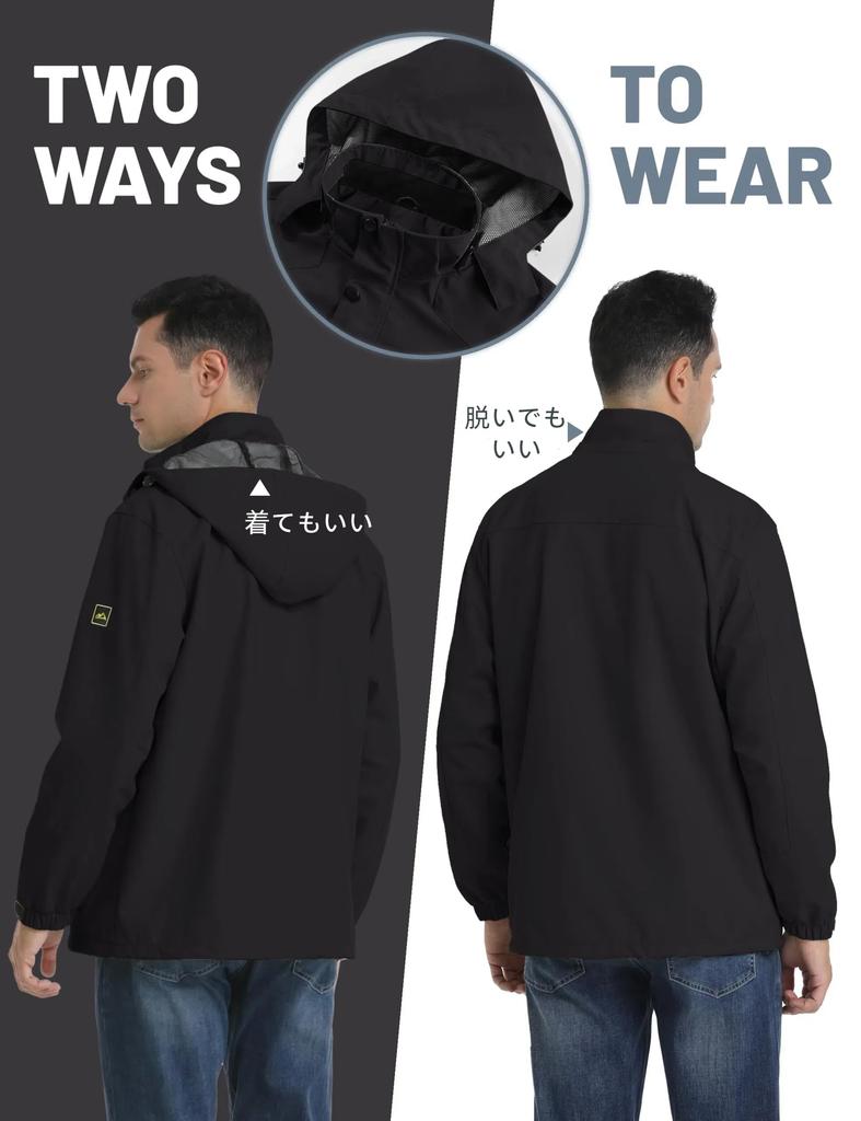 TACVASEN Mountain Long Size for Outdoor Fishing Men's Windbreaker, Jumper, Parka, Water-Repellent, Cold-Weather, Sleeve, Black, 2XL, Activities,